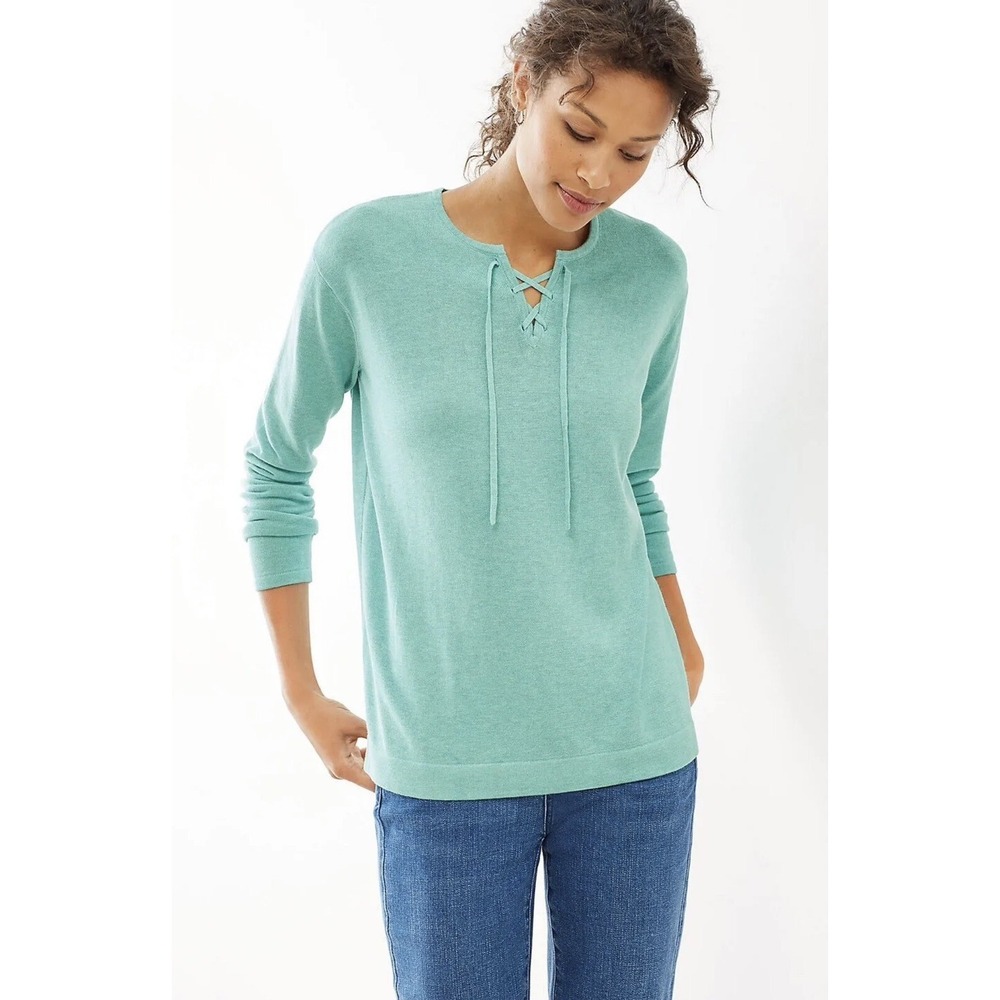 J. Jill NWT XSP Lace-Up Pullover Sweater Relaxed Fit Topaz Heather Teal